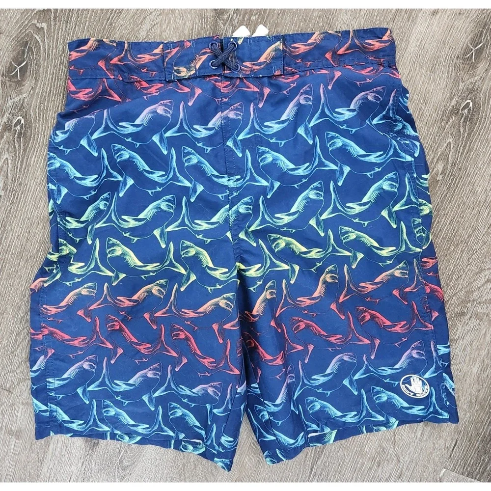 Body Glove Boys Navy Blue Rainbow Shark Print Swim Trunks Board Shorts